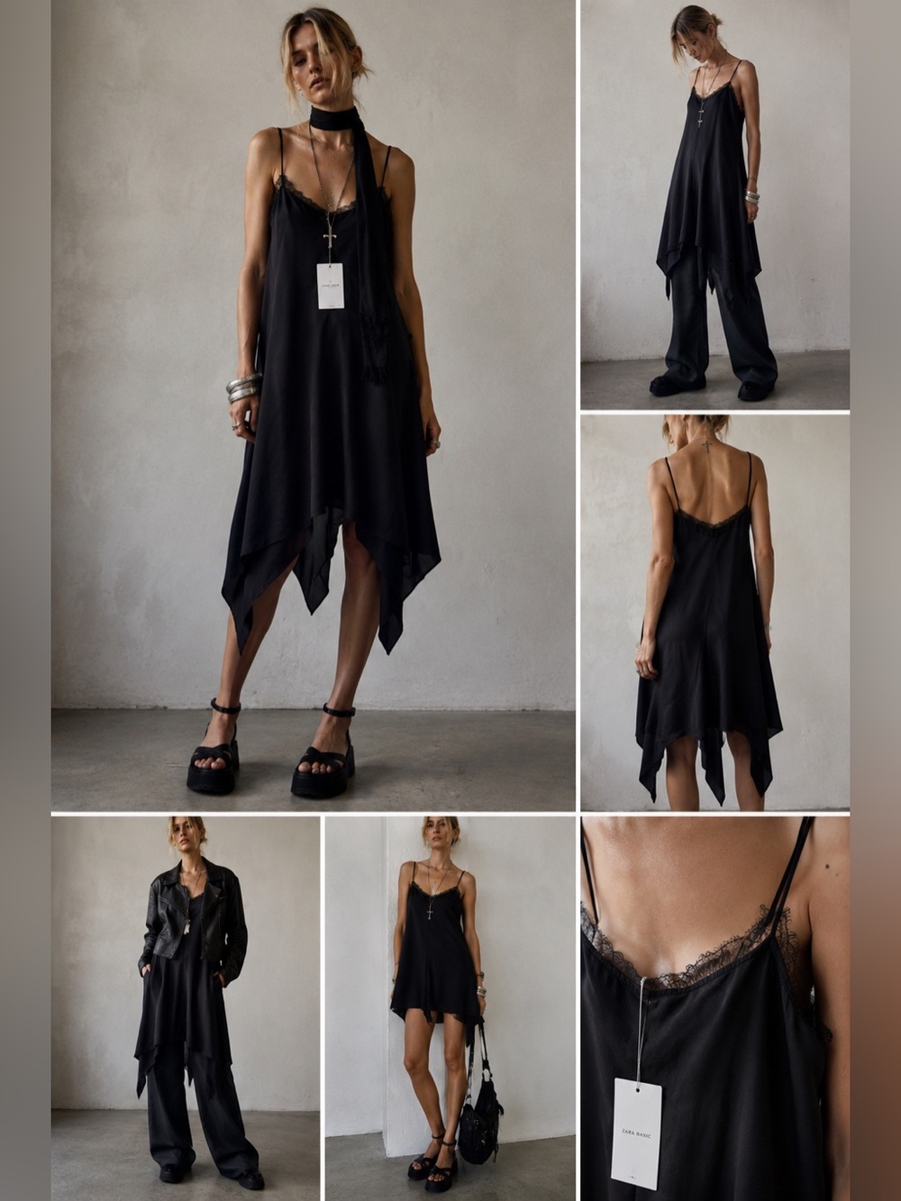 Zara Basic NWT Black Satin Lace Trim Handkerchief Hem Slip Dress Size S